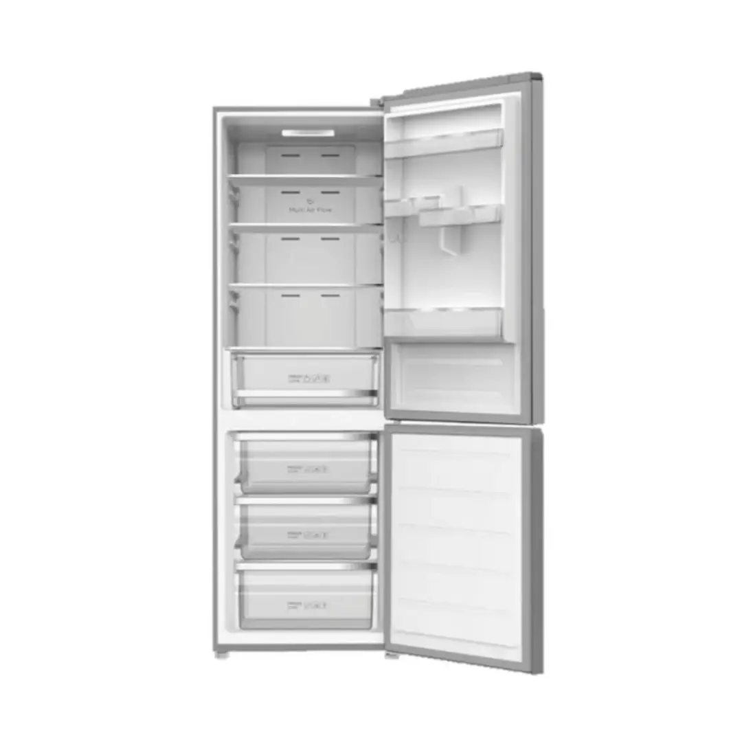 Vista del interior del combi inox TCL RP-318BLE1 completamente abierto, mostrando estantes, compartimentos y su capacidad de almacenamiento