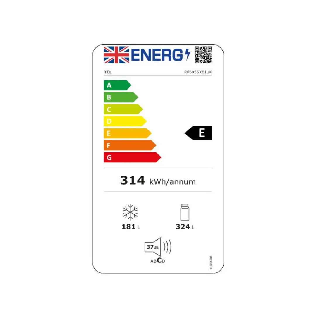 Imagen de la etiqueta de eficiencia energética E del frigorífico TCL RP-505SEX1, destacando su rendimiento en consumo energético