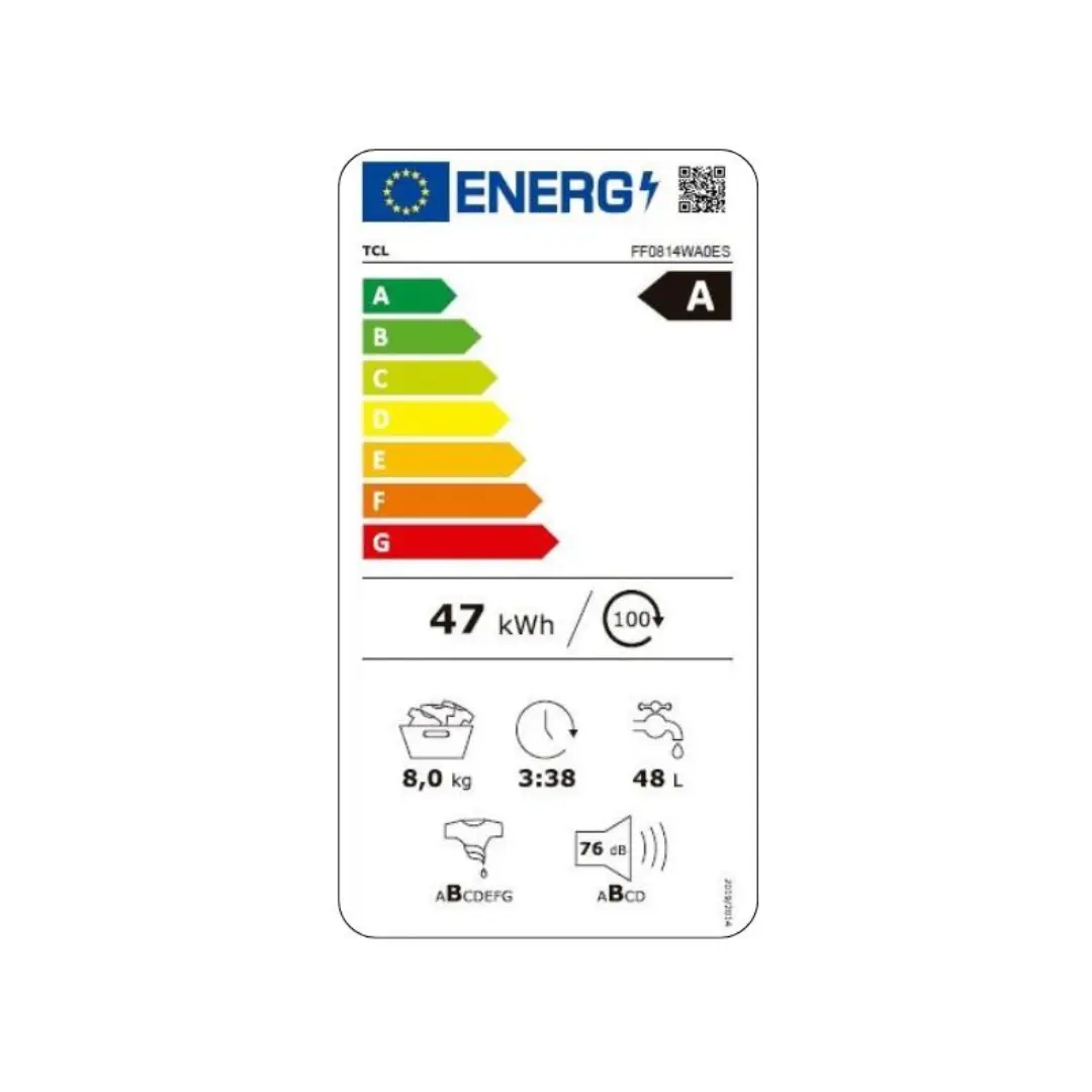 Vista de la ficha de consumo energético de la lavadora TCL FF-0814WA0ES, con clasificación energética A para un menor consumo de energía