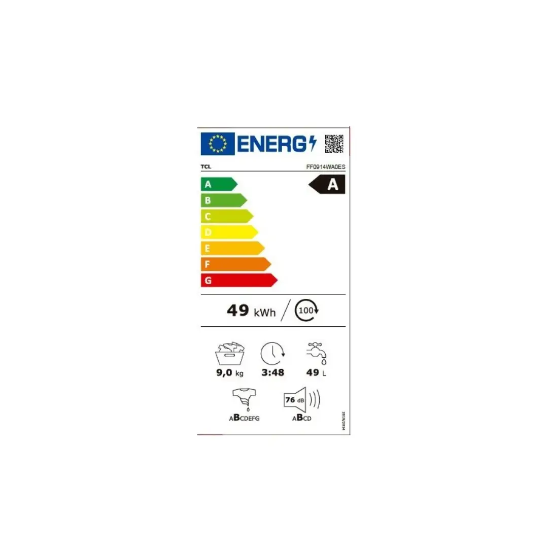 Imagen de la ficha energética de la lavadora TCL FF-0914WA0ES, con clasificación energética A para un bajo consumo de energía