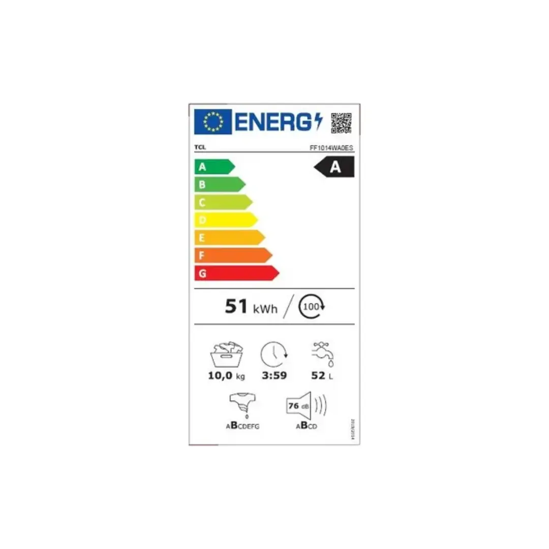 Imagen de la ficha energética de la lavadora TCL FF-1014WA0ES, con clasificación energética A para un consumo eficiente de energía