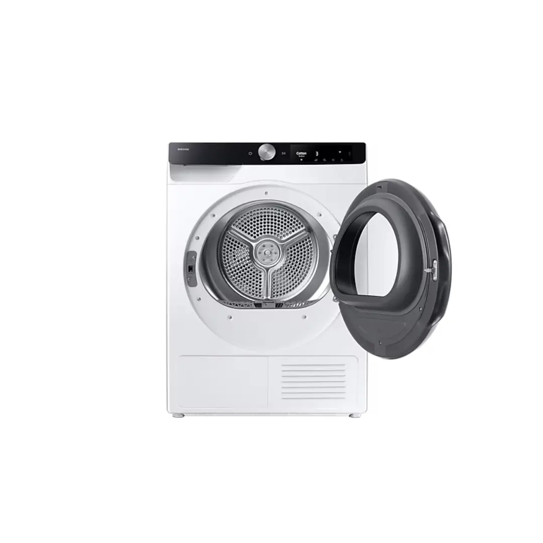 Imagen de la secadora Samsung DV-90T6240LK/S3 abierta, mostrando su interior y el diseño de la puerta