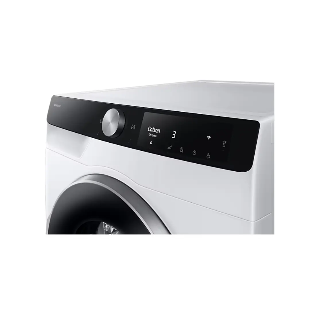Primer plano del panel de control de la secadora Samsung DV-90T6240LK/S3, destacando las opciones de ajuste y programas de secado
