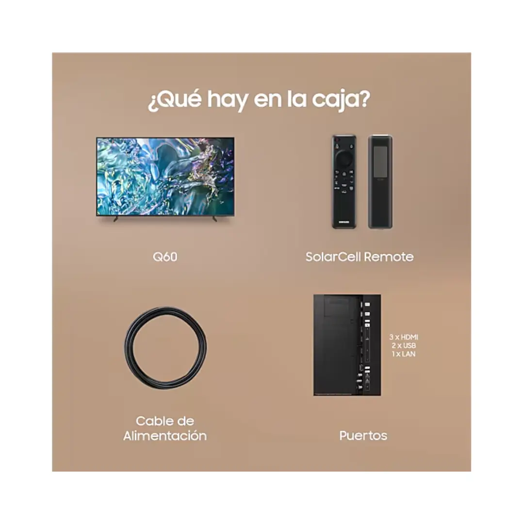 Imagen de los componentes que vienen con el televisor Samsung TQ-43Q60DAUXXC, incluyendo el mando a distancia y la TV