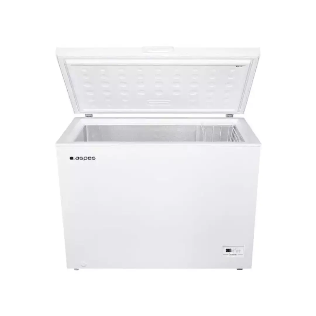 Vista del congelador horizontal Aspes ACH-3001EDC abierto, mostrando su amplio interior y la distribución de los compartimentos para una fácil organización
