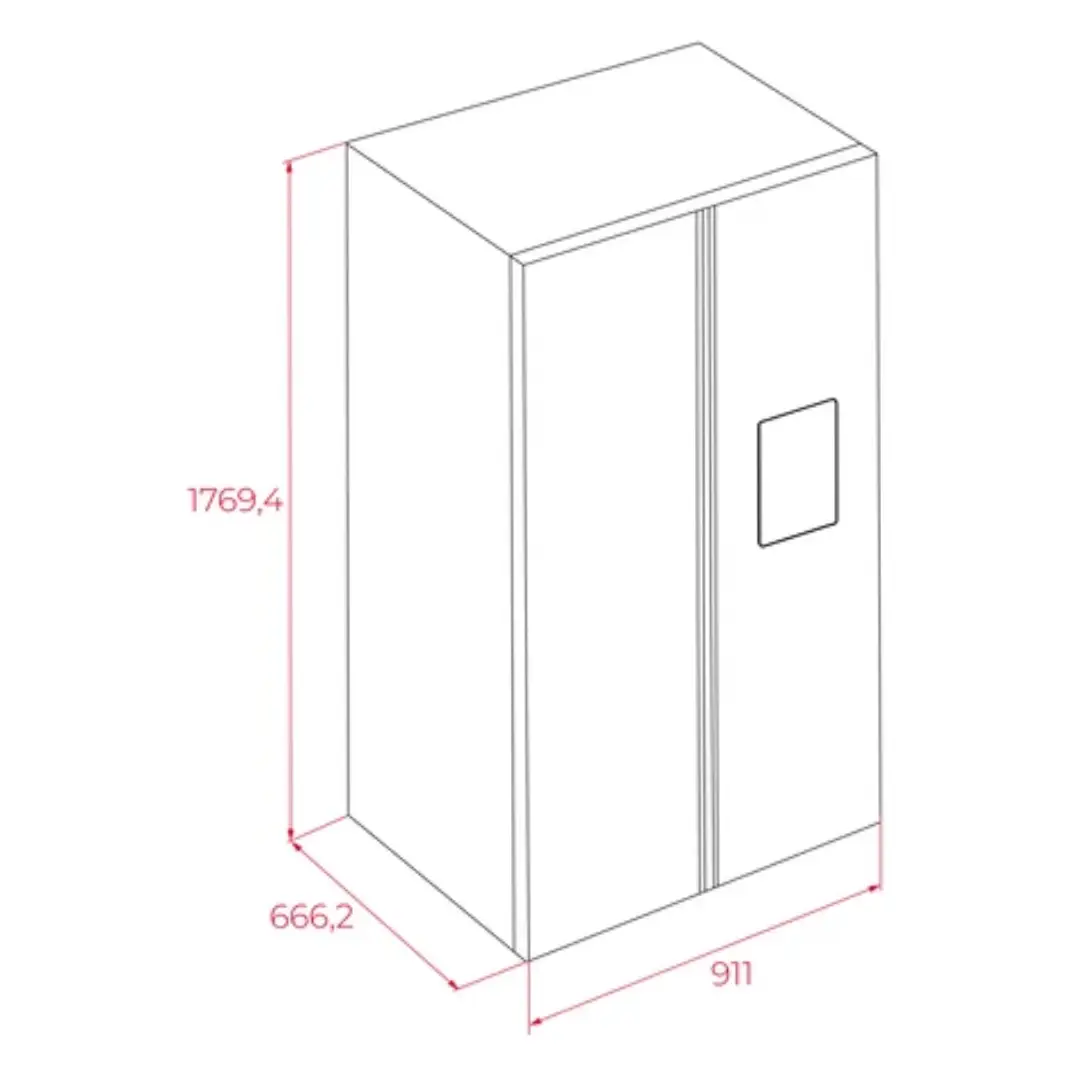 Imagen que muestra las medidas del frigorífico americano Teka RLF-74930WH, destacando su altura y ancho
