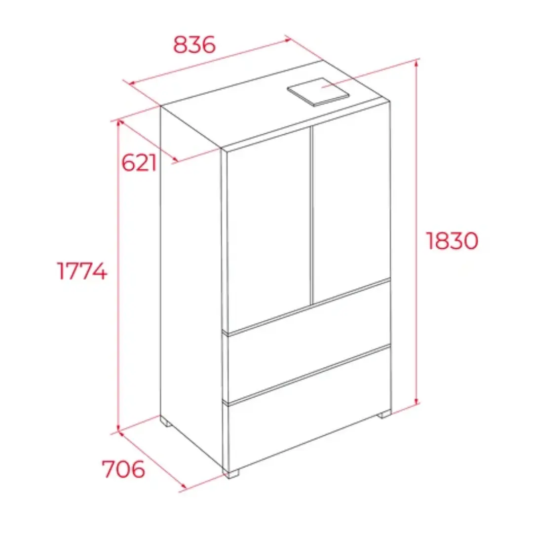 Imagen que muestra las medidas del frigorífico americano Teka RFD-75850GBK, con un enfoque en su altura y ancho