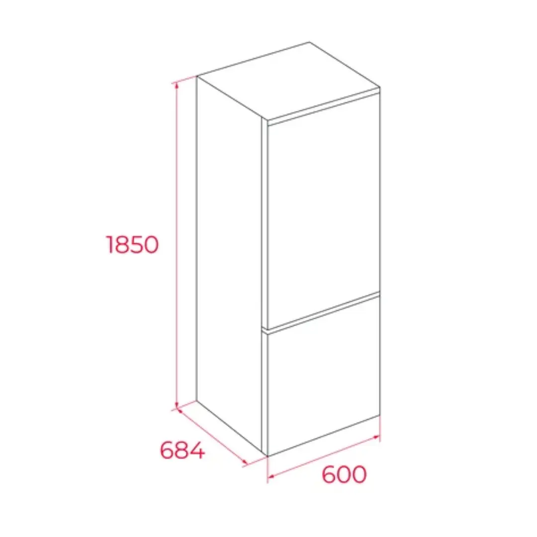Detalle de las medidas del combi cristal blanco Teka RBF-3450GWH, mostrando sus dimensiones exactas de 186 cm de altura y 60 cm de ancho