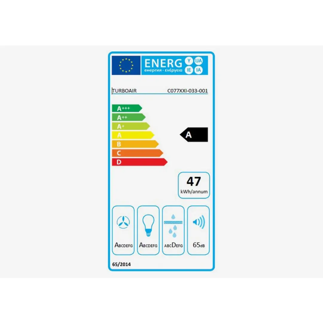 Ficha de consumo energético de la campana decorativa Turboair Kelia 60 WH, mostrando su eficiencia energética y detalles relevantes - Electrocash
