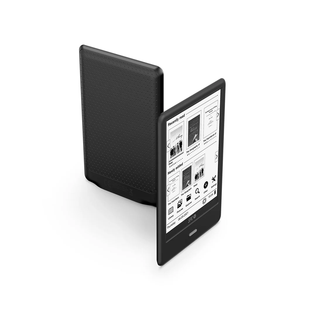 Vista delantera y trasera del Ebook SPC Dickens Light 2 5613N, con diseño elegante y botones de navegación, mostrando su pantalla clara y funcional, y la parte trasera con acabado cómodo para un agarre fácil - Electrocash
