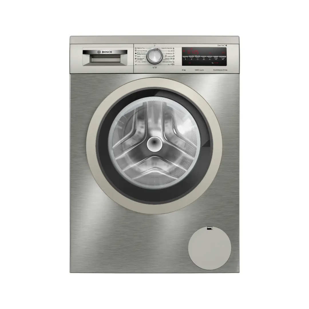 Lavadora inoxidable Bosch modelo WUU-28T8XES con clasificación energética A, capacidad de 8kg y 1400rpm, diseño premium. - Electrocash