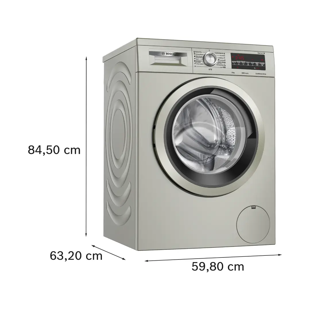 Medidas de la lavadora inoxidable Bosch WUU-28T8XES, con diseño compacto y versátil para cualquier hogar. - Electrocash