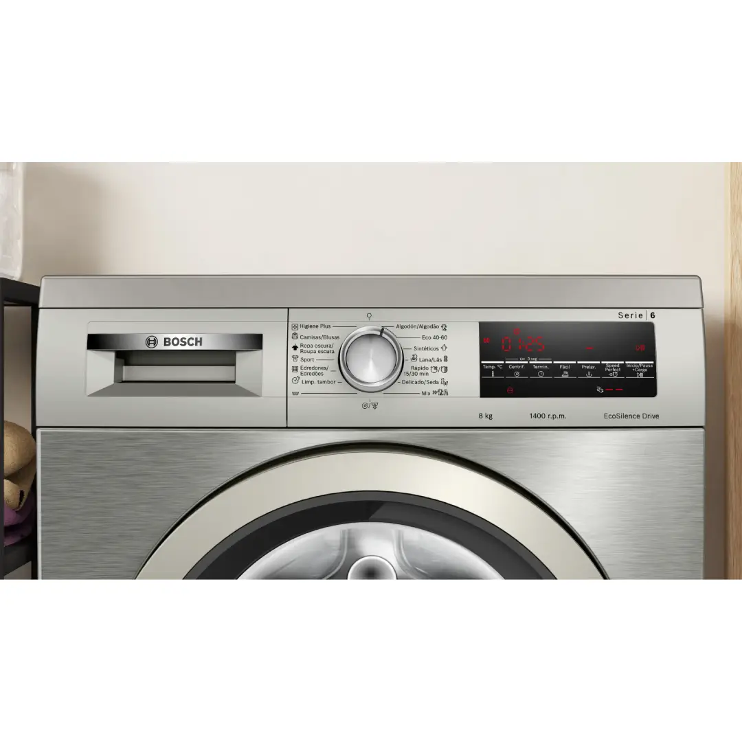 Panel de control avanzado de la lavadora inoxidable Bosch WUU-28T8XES, diseñado para un manejo intuitivo. - Electrocash