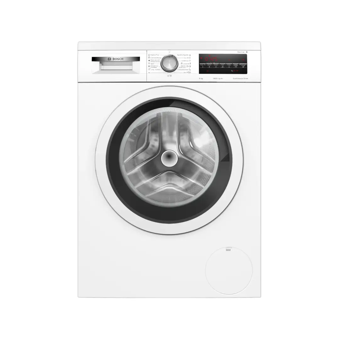Lavadora blanca Bosch modelo WUU-28T63ES con capacidad de 8kg y velocidad de centrifugado de 1400rpm, diseño moderno y eficiente. - Electrocash