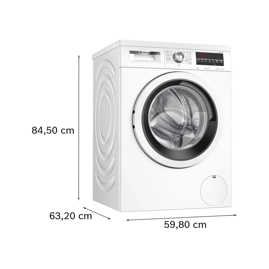 Medidas de la lavadora blanca Bosch WUU-28T63ES, mostrando dimensiones ideales para cualquier hogar. - Electrocash