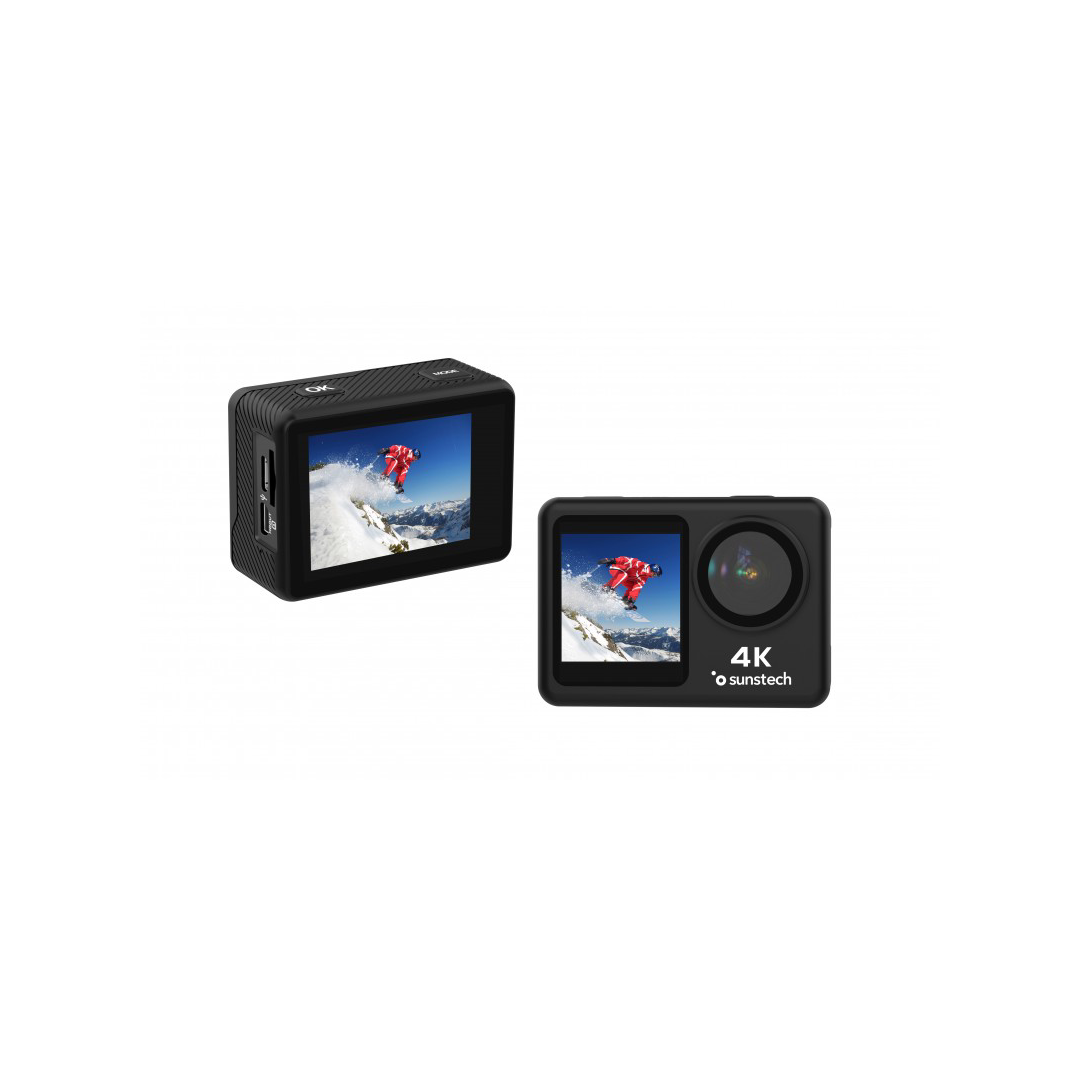 Cámara deportiva 4K Sunstech mostrando sus características, con pantalla LCD y diseño compacto, perfecta para tus actividades extremas - Electrocash