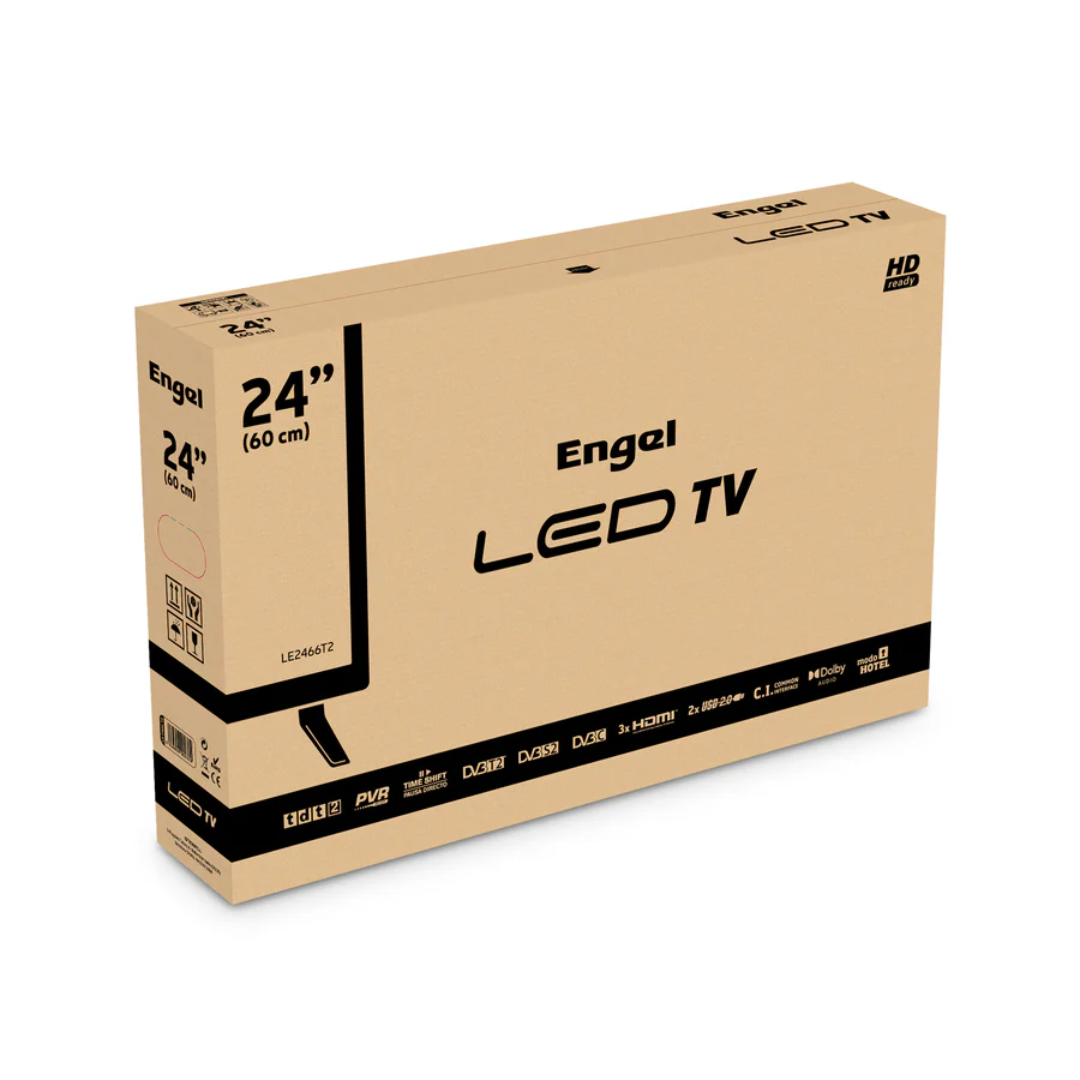 Imagen del televisor Engel LE-2466T2 embalado en su caja original, listo para ser entregado - Electrocash