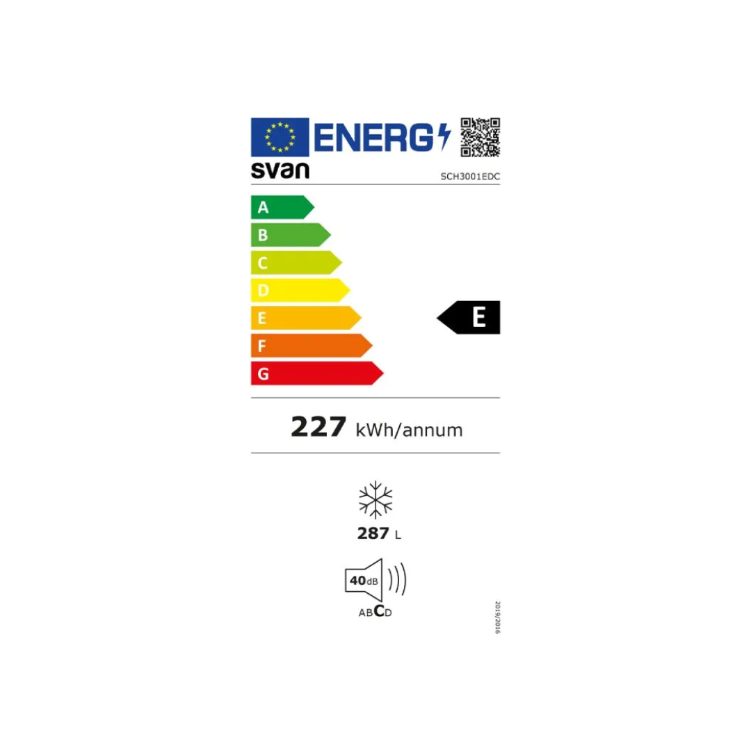 Ficha de consumo energético del congelador horizontal SCH-3001EDC de Svan, destacando su eficiencia energética clase E y capacidad de 287 litros - Electrocash