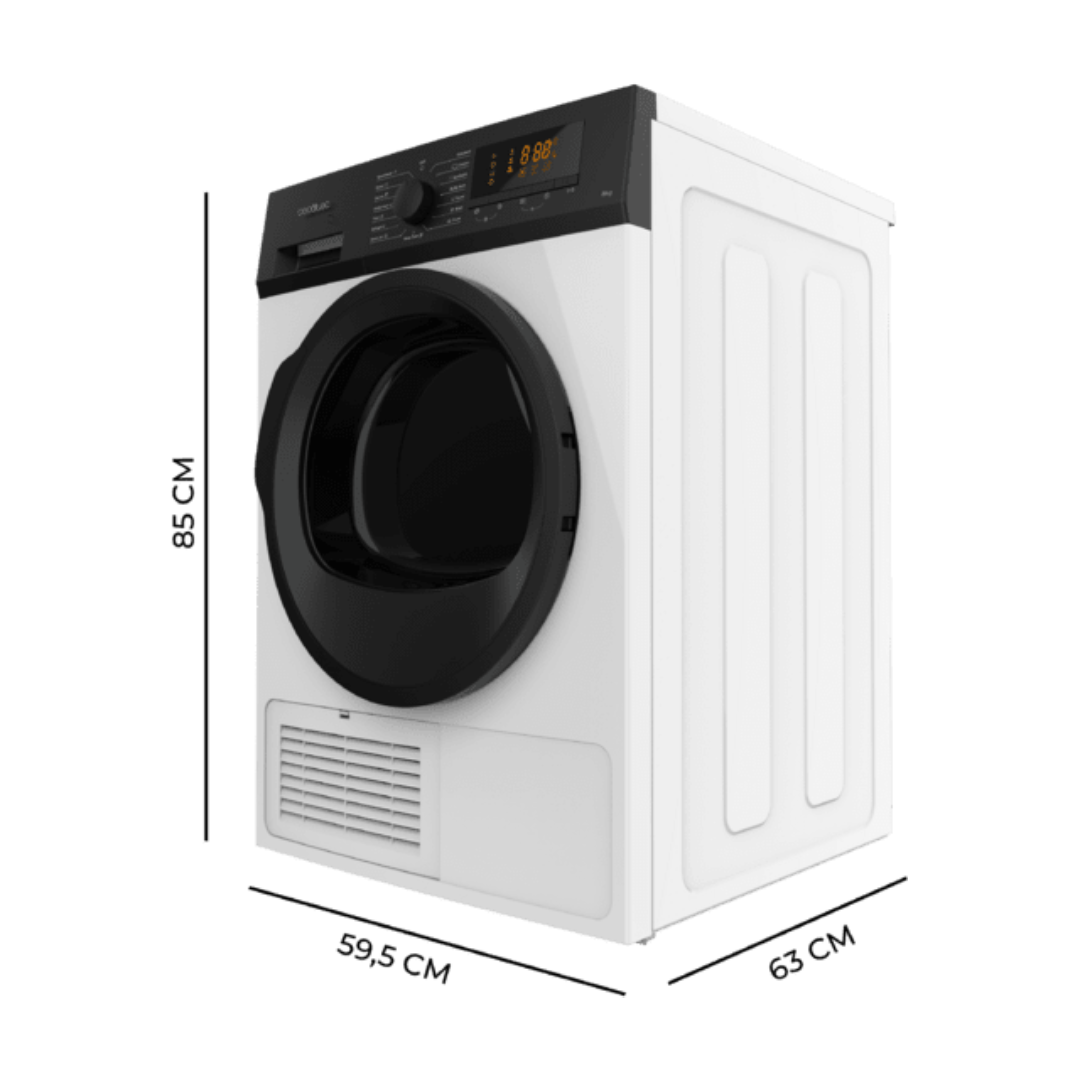 Medidas de la secadora de condensación Cecotec Dry 8200C modelo 02159 con 8 kg de capacidad, mostrando su tamaño y dimensiones - Electrocash