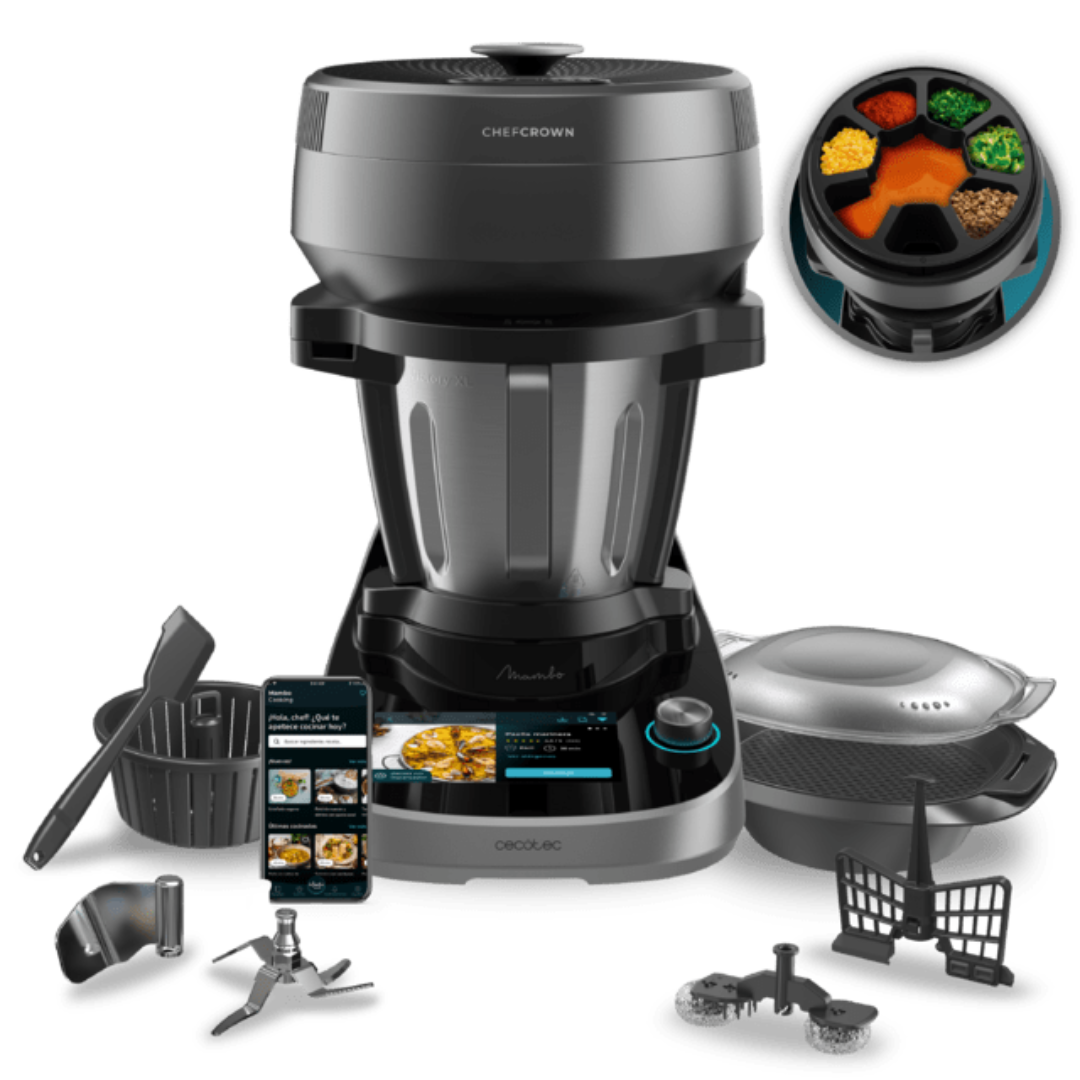 Robot de cocina Cecotec Mambo Victory 04700 con todos sus accesorios, incluyendo cuchillas, jarra y otros componentes útiles - Electrocash