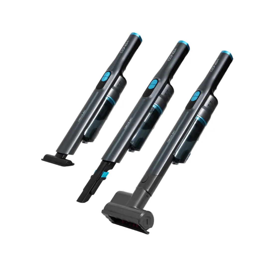 Aspirador de mano Micro+ Turbo Cecotec 210W mostrando los diferentes cabezales intercambiables