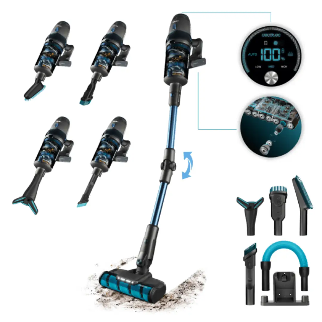 Aspirador escoba Cecotec 04465 Odyssey junto a todos sus componentes adicionales, como el cabezal, tubo extensible y accesorios