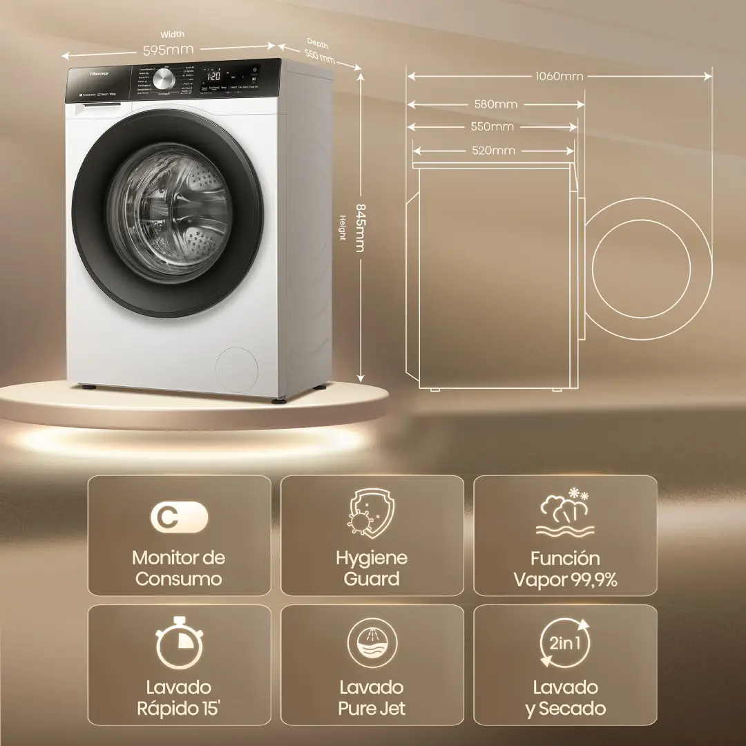 Funciones principales de la lavadora-secadora Hisense WD-3S9043BW3, con lavado y secado eficiente, conectividad Wi-Fi y ciclo de lavado rápido. - Electrocash