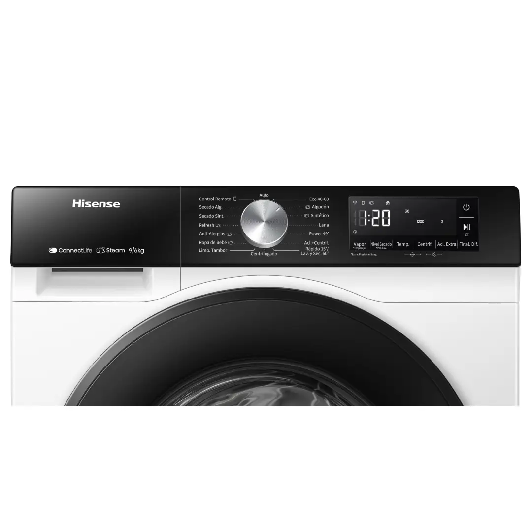 Vista del panel de control de la lavadora-secadora Hisense WD-3S9043BW3, con opciones intuitivas para un uso fácil y cómodo. - Electrocash