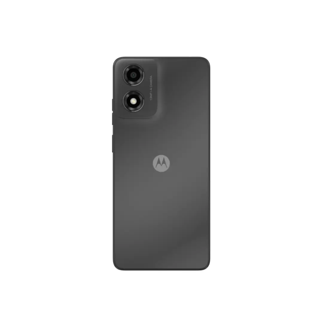 Vista trasera del Smartphone Motorola E-14 con acabado gris, cámara de 13MP y diseño estilizado - Electrocash