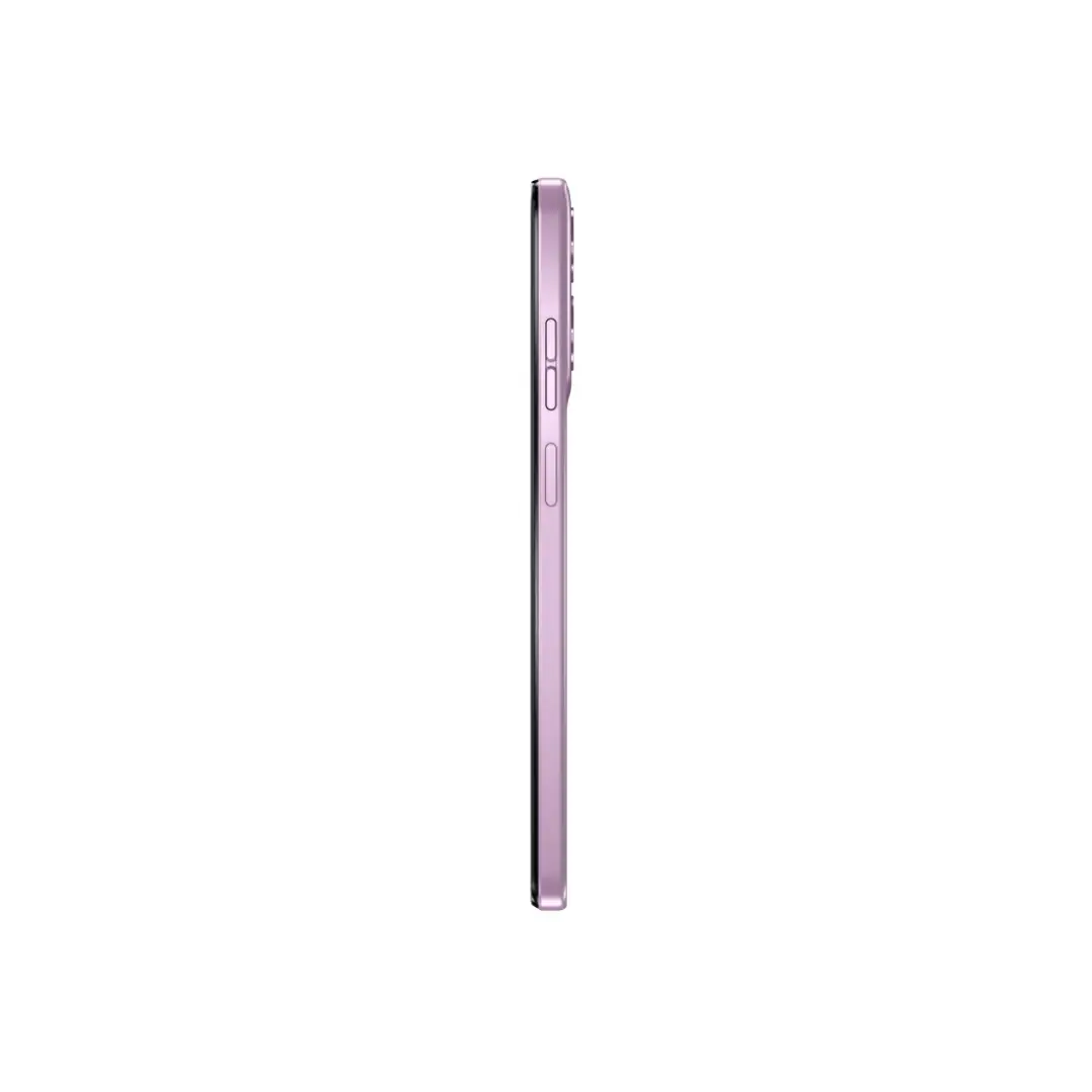 Vista lateral del Smartphone Motorola G-24 mostrando su diseño estilizado en color rosa lavanda - Electrocash