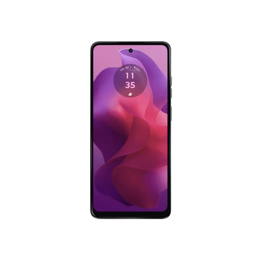 Vista principal del Smartphone Motorola G-24 con pantalla de 6,56 pulgadas, 8GB de RAM, 128GB de almacenamiento y diseño en color rosa lavanda - Electrocash