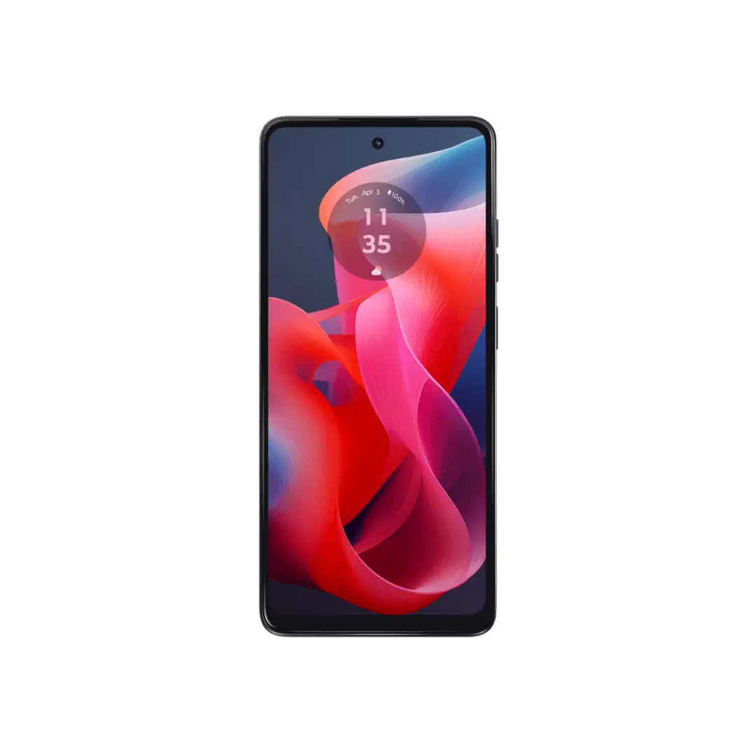 Vista principal del Smartphone Motorola G-24 con pantalla de 6,56 pulgadas, 8GB de RAM, 128GB de almacenamiento y diseño en color matte carbón - Electrocash
