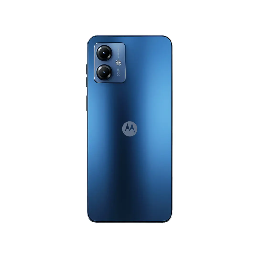 Vista trasera del Smartphone Motorola G-14 en azul cielo, destacando su cámara de 50MP y diseño premium - Electrocash
