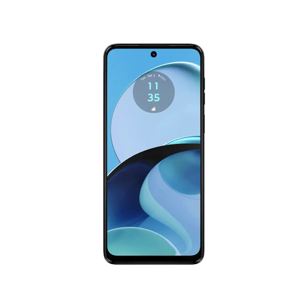Vista principal del Smartphone Motorola G-14 con pantalla de 6,5 pulgadas, 4GB de RAM, 128GB de almacenamiento, cámara de 50MP y color azul cielo - Electrocash