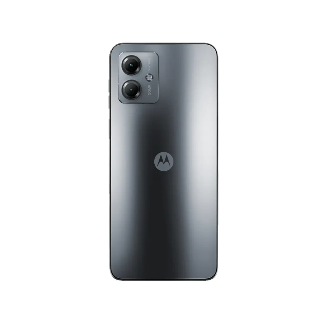 Vista trasera del Smartphone Motorola G-14 en gris acero, destacando su cámara de 50MP y diseño premium - Electrocash