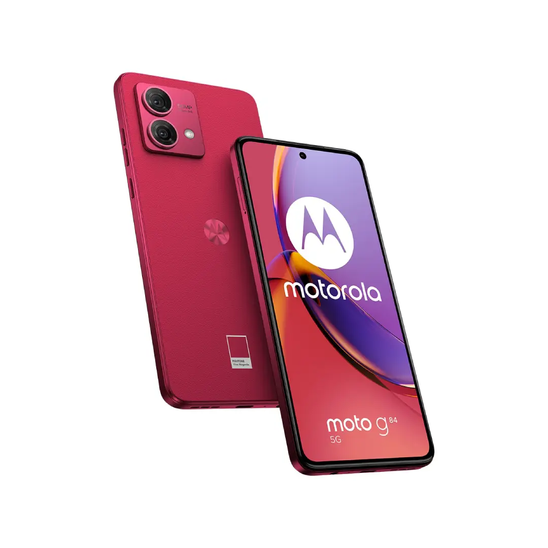 Vista alternativa del smartphone 6,5" G-84 Motorola 50MP en color Viva Magenta, mostrando la pantalla de alta calidad y diseño moderno - Electrocash