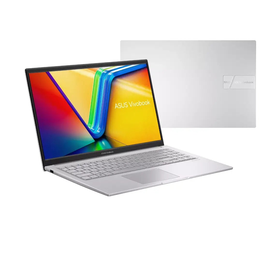Vista del portátil VivoBook 15,6" ASUS mostrando tanto la parte frontal como trasera, destacando su diseño moderno y puertos de conexión - Electrocash