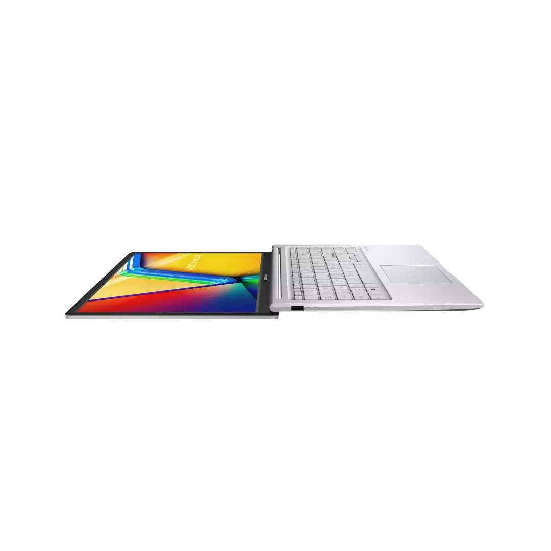 Vista del portátil VivoBook 15,6" ASUS aplanado, mostrando su delgadez y portabilidad, ideal para llevarlo fácilmente en una mochila - Electrocash