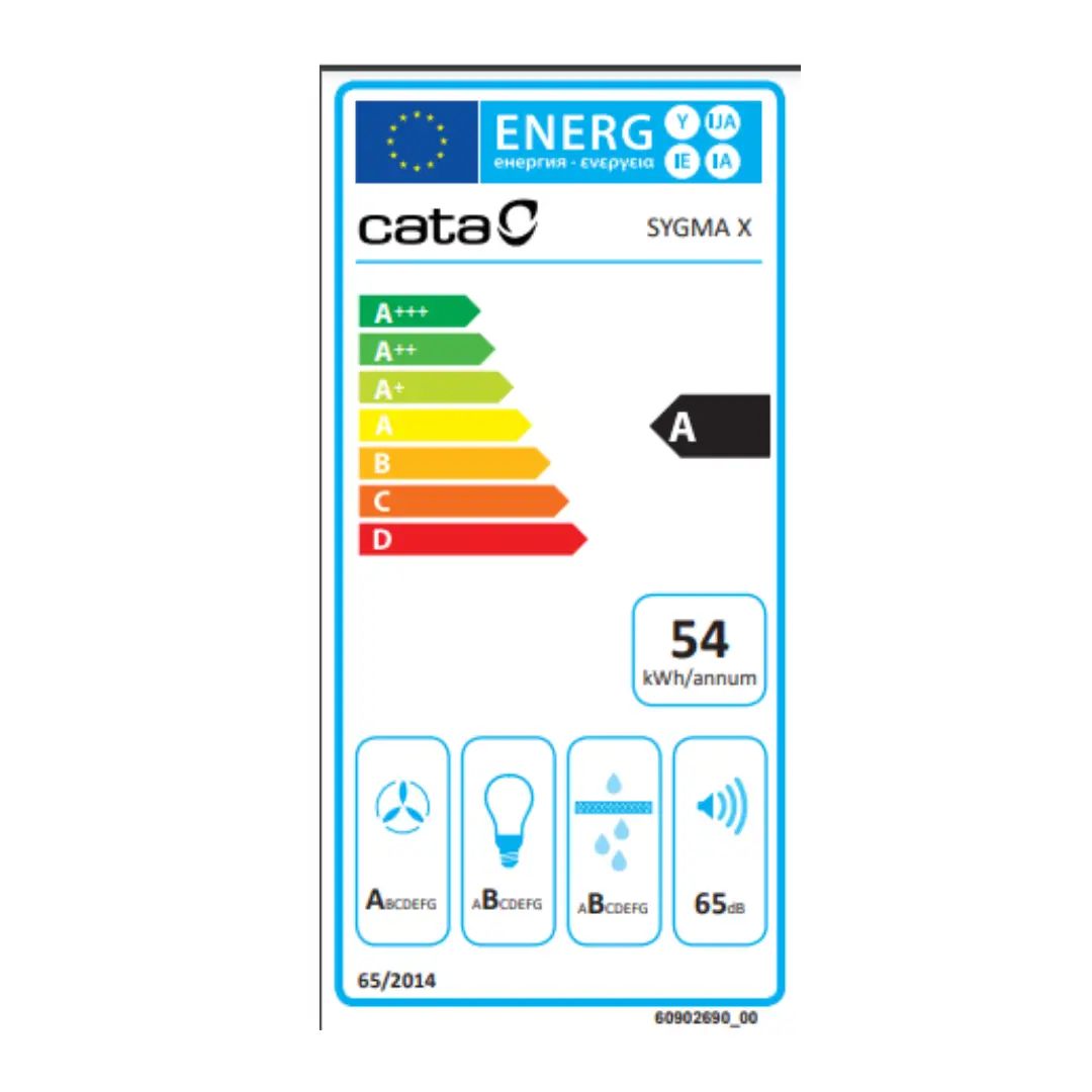 Ficha técnica de consumo energético de la campana decorativa Cata Sygma-7010X de 70 cm en acabado inox - Electrocash