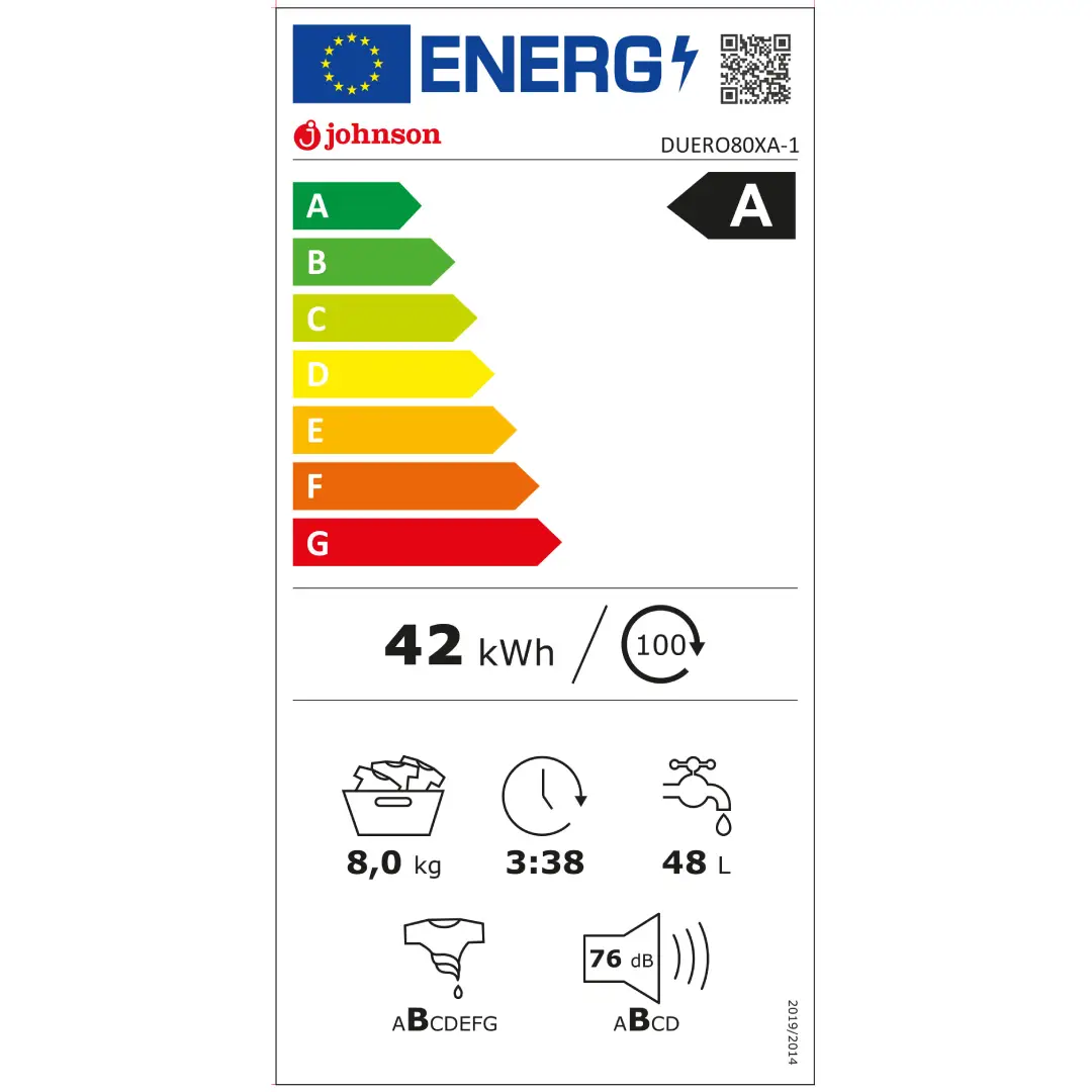 Ficha de consumo energético de la lavadora Johnson DUERO 80XA-1 en color inox, con clasificación energética A, capacidad de 8 kg, centrifugado de 1400 rpm y alta eficiencia energética, disponible en Electrocash.