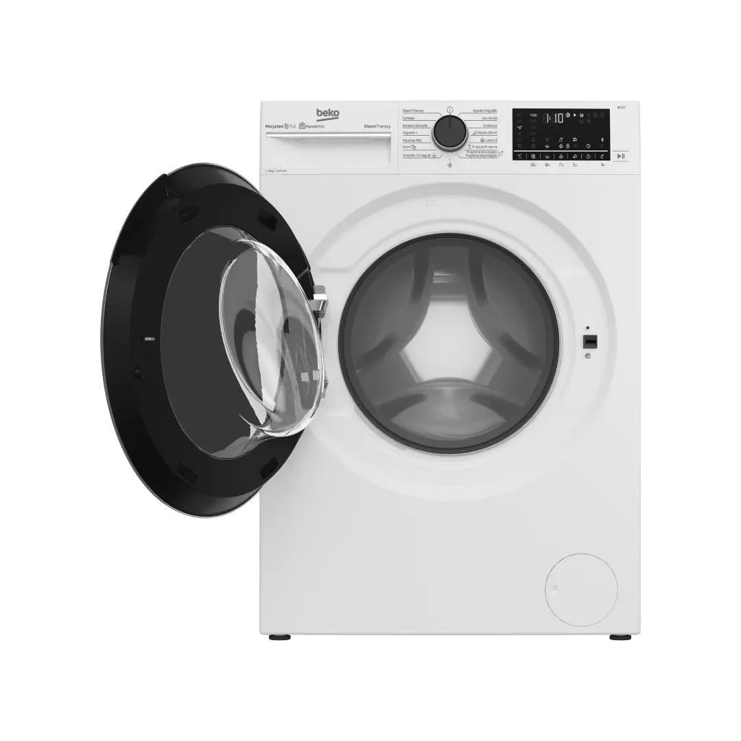 Lavadora B3WFT-58415 de Beko abierta, mostrando su tambor espacioso para 8 kg de carga - Electrocash