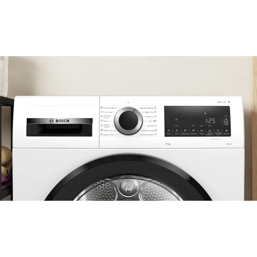 Vista del panel de control de la secadora Bosch WQC-233D0ES, con opciones intuitivas y fáciles de usar para un secado personalizado - Electrocash