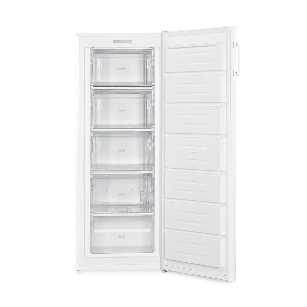 Vista interior del congelador vertical blanco Brandt BFU-4251EW con 5 cajones, mostrando el espacio de almacenamiento - Electrocash