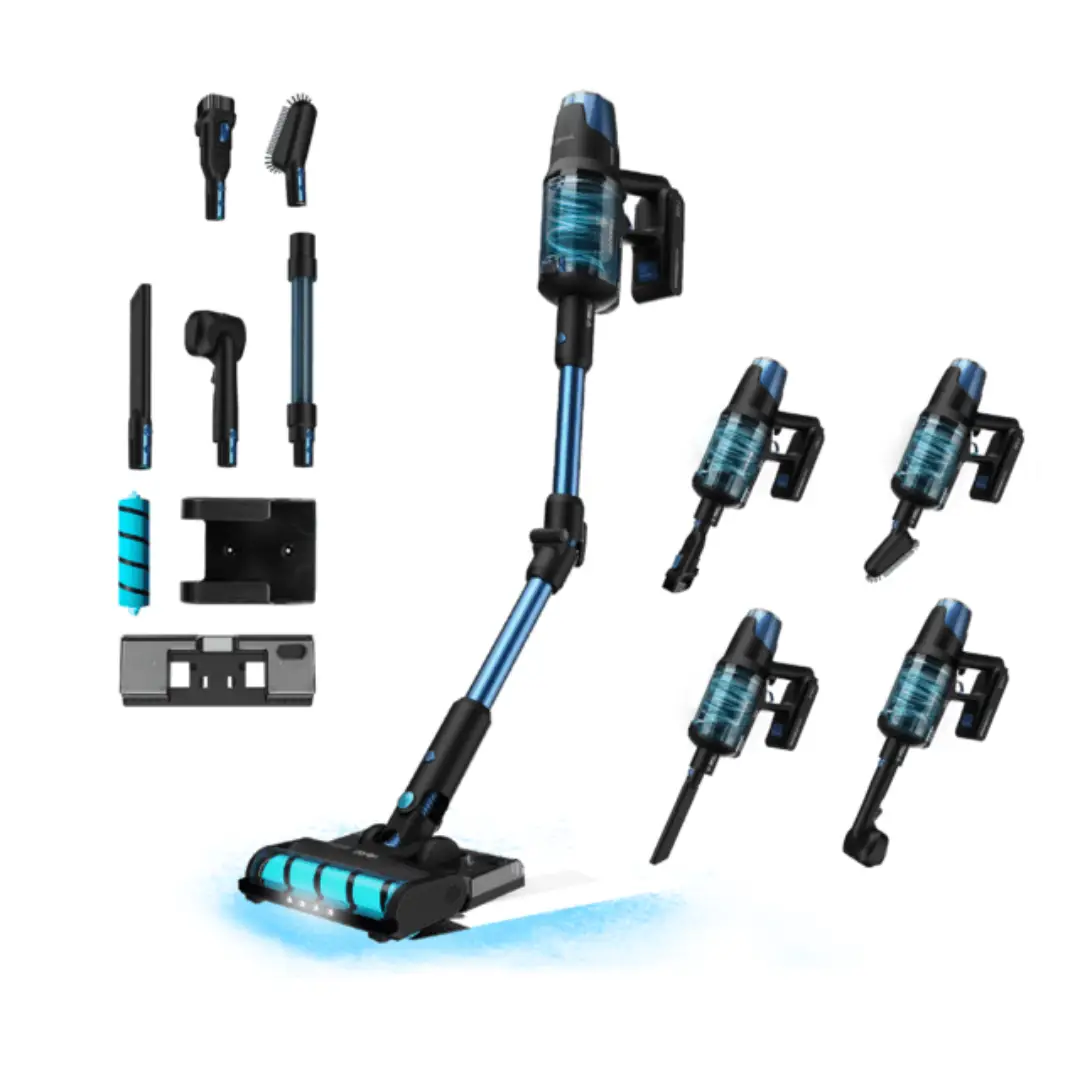 Aspirador escoba 00795 Rockstar 8500 Cecotec mostrando todos sus utensilios incluidos para diferentes tipos de limpieza - Electrocash
