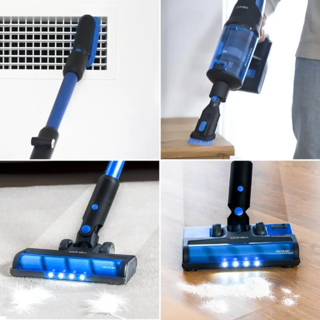Aspirador escoba 00795 Rockstar 8500 Cecotec en uso, limpiando eficazmente un suelo de madera - Electrocash
