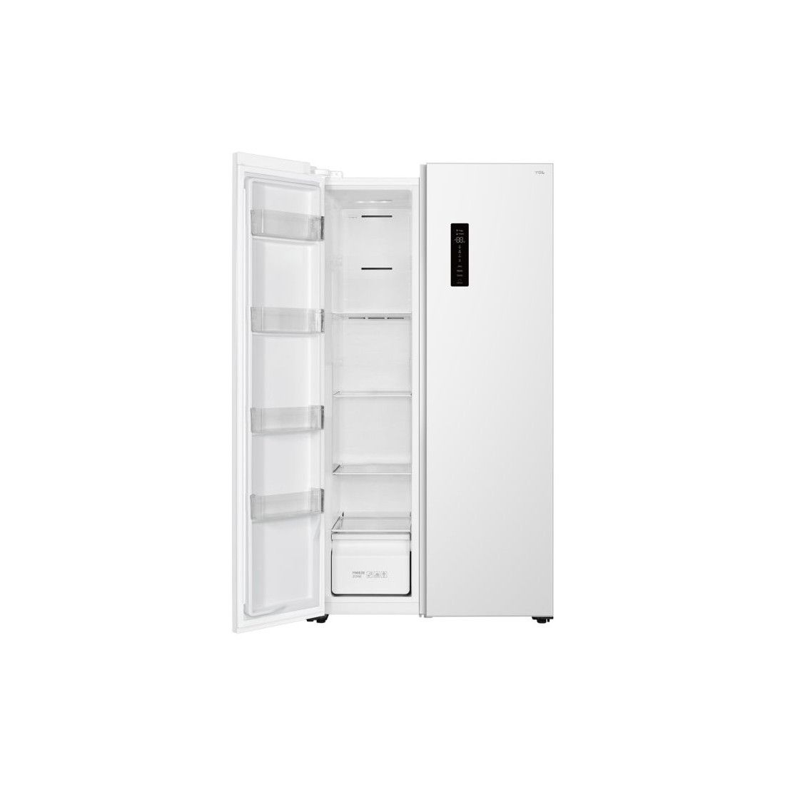 Vista del frigorífico americano RP-505SWE1 de TCL medio abierto, destacando su diseño práctico y moderno - Electrocash