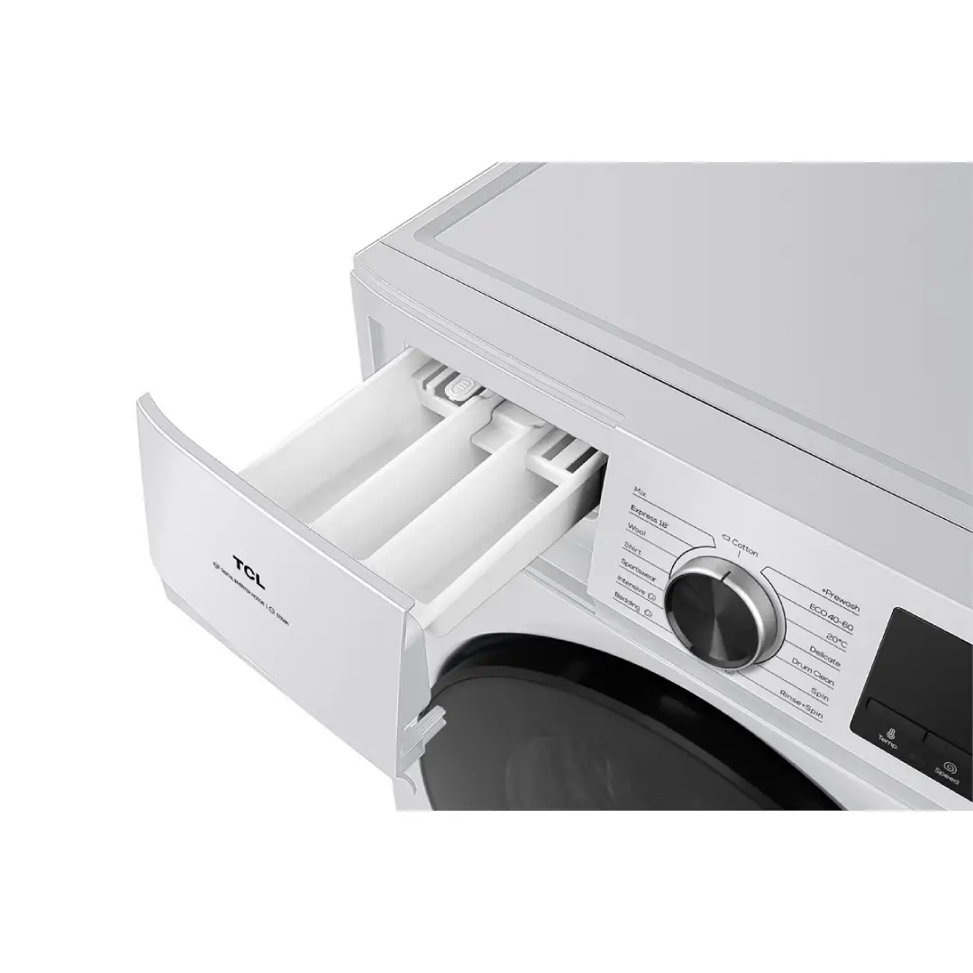 Detalle del panel de control y el compartimento para detergente de la lavadora FF-0924WA0ES de TCL - Electrocash