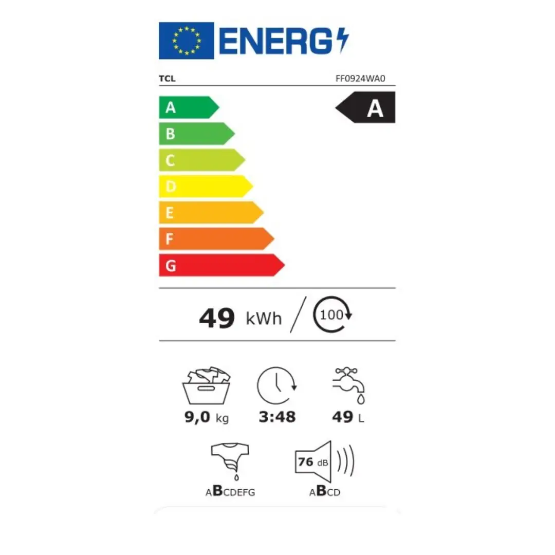 Imagen de la ficha de consumo energético de la lavadora FF-0924WA0ES TCL, certificación de eficiencia A - Electrocash