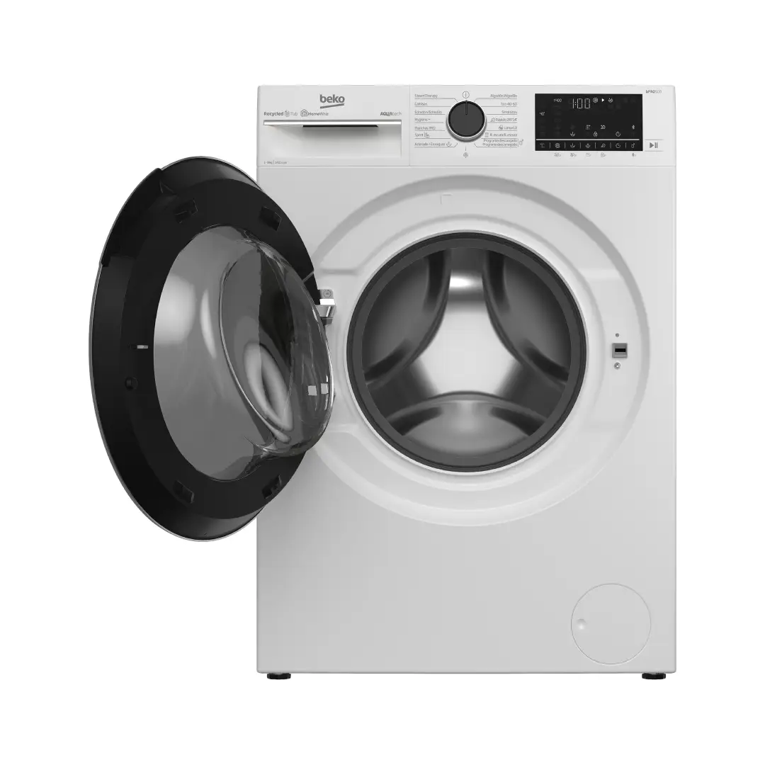 Lavadora B5WFT-59418W de Beko abierta, mostrando su tambor espacioso para 9 kg de carga - Electrocash