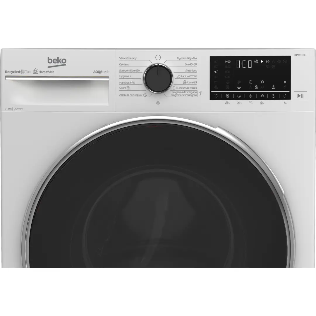 Detalle del panel de control de la lavadora B5WFT-59418W de Beko, con opciones intuitivas y modernas - Electrocash